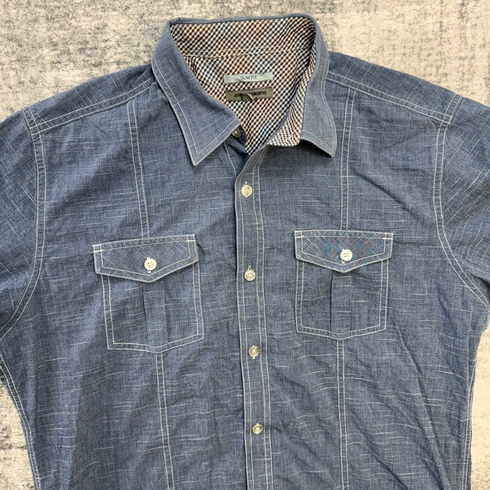 Johnston & Murphy Shirt Mens Large Slim Fit Blue Chambray Double Pocket Preppy